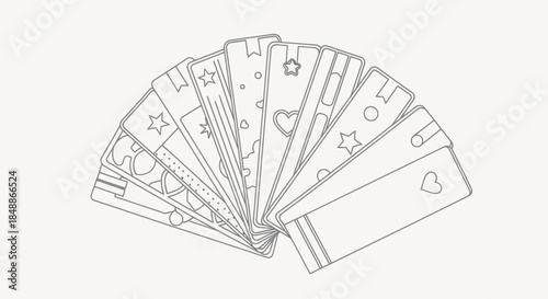 Collection of outlined bookmarks with various designs arranged in a fan shape.