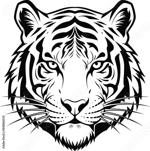 Majestic tiger head illustration, black white tribal style, fierce wildlife symbol, isolated vector art, powerful animal logo design tattoo emblem