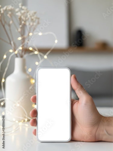 Hand Holding Smartphone Near Decorative Lights and Vase for UI Mockup and Social Media Marketing