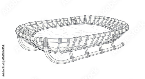 Hand-drawn illustration of a natural wicker baby bassinet with a mattress.