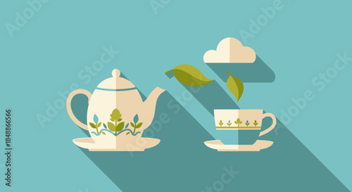 Tea time concept with flat design illustration of teapot, teacup, and leaves
