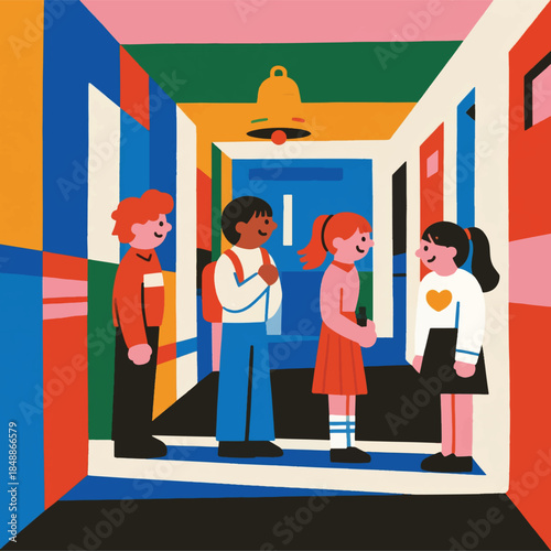 Illustration Of Children Waiting For The School Bell To Ring Vector Design Template