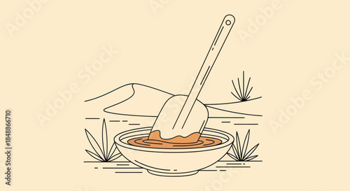 Shovel searching for water in a minimalist desert landscape.