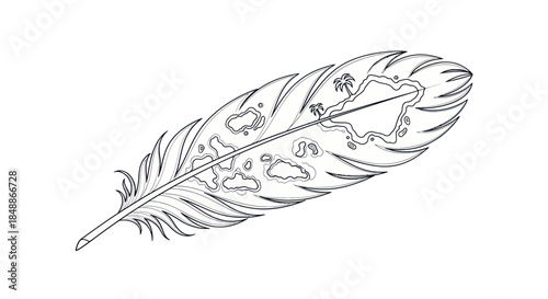 Feather with Tropical Island Map Line Art Illustration