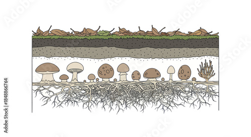 Mushroom mycelium network and soil layers illustration