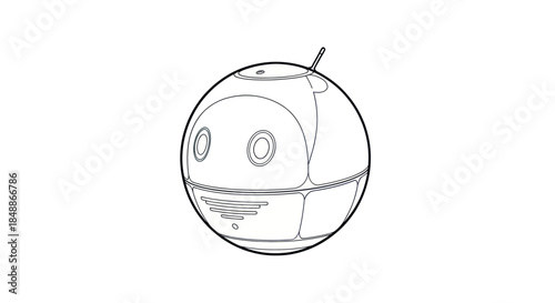 Cute spherical robot design illustration with antenna on white background.
