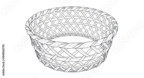 Line art drawing of an empty woven wicker basket on a white background.