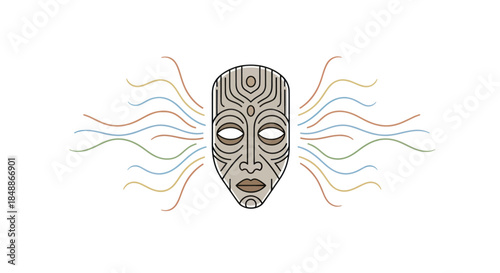 African Tribal Mask with Energetic Wavy Lines Vector Illustration