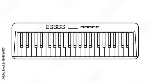 A clean line art illustration of an electronic musical keyboard.
