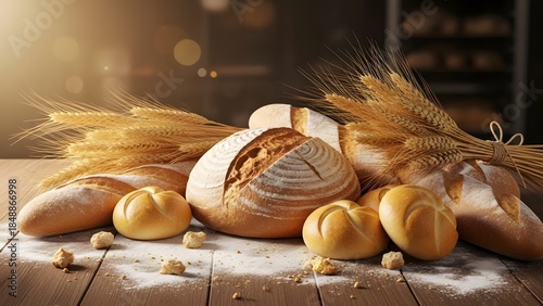 Still life of fresh bread and wheat stalks, warm lighting, bakery concept