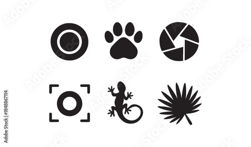 Set of Six Black Icons: Circle, Paw Print, Camera Aperture, Focus Square, Lizard, and Palm Leaf