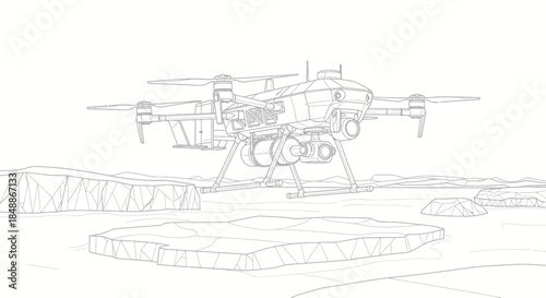Drone flying over an Arctic landscape for environmental data collection.