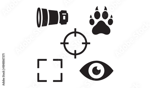 Collection of Icons for Photography and Wildlife Tracking: Camera Lens, Paw Print, Target, and Eye