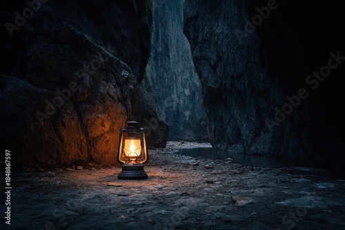Warm glowing lantern illuminating a dark rocky canyon