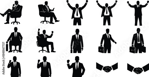 Businessman silhouette icon set showing office poses success gestures handshake leadership teamwork isolated black vector illustration for corporate design