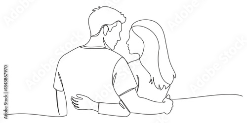 Continuous line drawing of adult couple holding hands, minimalist design depicting love and connection. Adult couple stands together, embracing simplicity and intimacy with smooth, flowing lines.