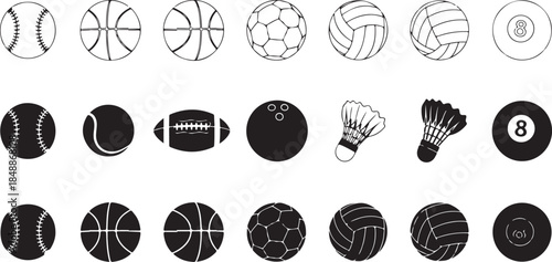 Collection of 21 sports balls and shuttlecocks in black and white on a white background Keywords: sports, ball, baseball, basketball, soccer