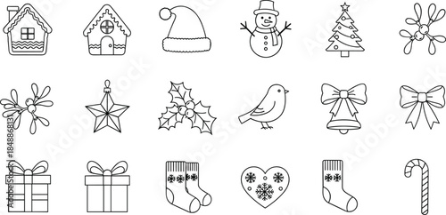 Christmas line icon set with winter holiday elements snowman gifts ornaments festive symbols outline vector illustration isolated