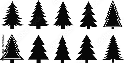Christmas pine tree silhouette icon set, minimalist evergreen fir spruce shapes, winter holiday forest symbols, black vector illustration collection design