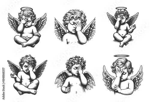 cherub cupid performing a facepalm gesture in humorous, frustrated expressions Set collection bundle sketch engraving generative ai vector illustration. Scratch board imitation. Black and white image.