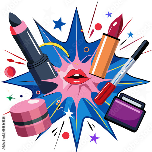 Makeup explosion effect—lipstick, eyeliner, and blush bursting like fireworks