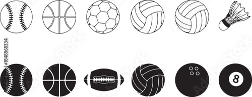 Collection of Sports Balls and Shuttlecock Icons in Outline and Silhouette Styles baseball basketball
