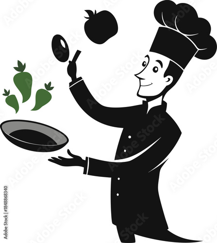 Confident man tossing vegetables in frying pan , black Silhouette , white background