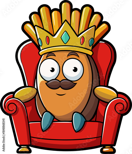 Potato king character sitting on a throne of fries