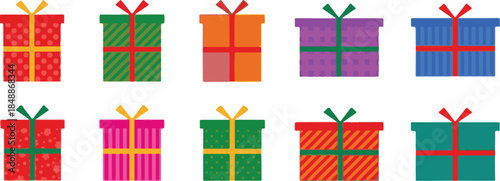 Collection of ten colorful cartoon gift boxes with ribbons and bows present christmas