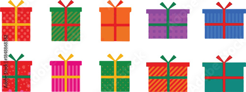 Collection of ten colorful cartoon gift boxes with ribbons and bows present christmas