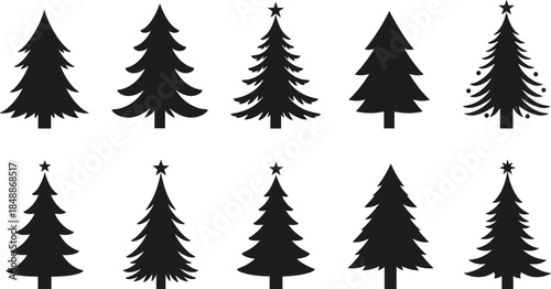 Christmas tree silhouette icon set, minimalist pine fir spruce shapes, winter holiday forest symbols, black vector illustration collection design elements