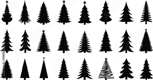 Christmas tree silhouette icon set, black white evergreen collection, winter holiday pine shapes, minimal vector forest illustration
