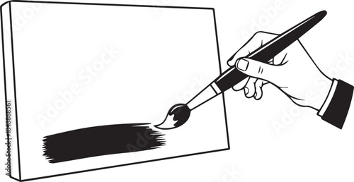 Hand Painting Black Stroke on Blank Canvas with Paintbrush. Isolated Vector Outline.