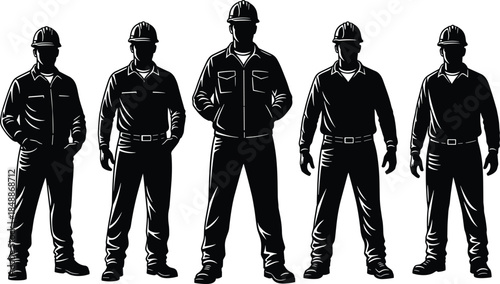 Construction worker silhouette collection isolated on white background, industrial labor men wearing helmets, safety work concept illustration vector set