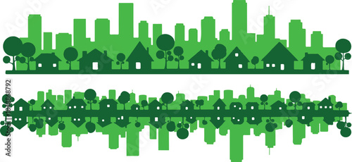 Green City Skyline with Houses and Trees and Reflection Keywords: city, skyline, urban, green, eco, environment, nature, trees, houses, buildings
