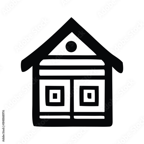 Hand-drawn illustration of a simple, rustic house with a gable roof and two square windows