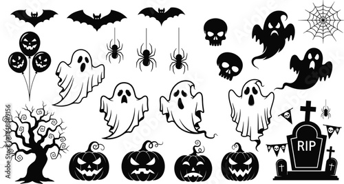 Halloween spooky elements illustration set with ghosts, pumpkins, bats, skulls, spiders and graveyard silhouettes isolated on white background