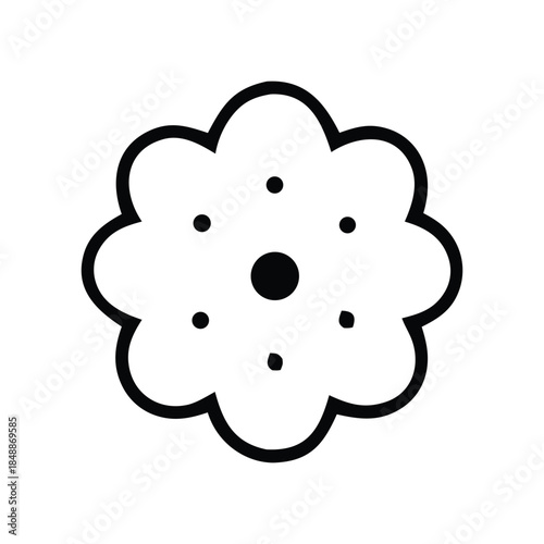 Minimalist abstract black and white line art illustration featuring a stylized flower or cookie shape with a dotted center, perfect as a versatile graphic design element or simple icon