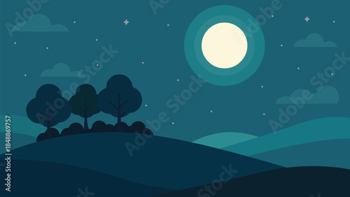 Moonlit Landscape Illustration with Night Sky, Stars, and Rolling Hills in Minimal Flat Design Style