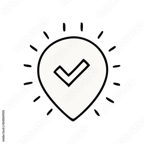 Simple hand-drawn doodle of a map pin location with a checkmark inside and radiating lines, signifying a confirmed or correct location