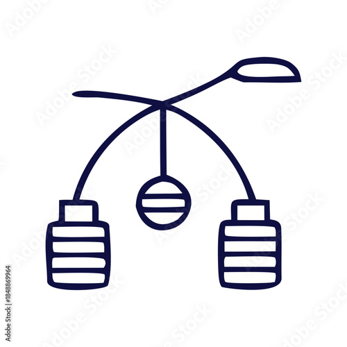Abstract line art illustration of a ceiling lamp with two cylindrical shades and a central spherical element