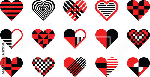 A diverse collection of geometric heart icons in striking red and black patterns