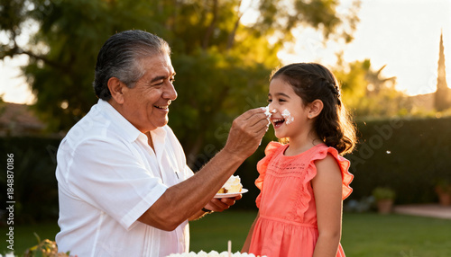 Hispanic grandfather playfully puts birthday cake frosting on his laughing granddaughter's face. A joyful family celebrating together in a backyard at sunset