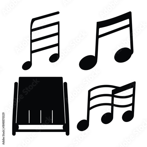 Musical note symbols and piano keys icon set illustration