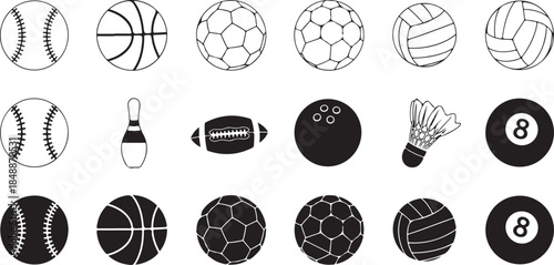 Set of black and white line art and silhouette sports balls and equipment Keywords: sports, ball, equipment, game, activity, competition