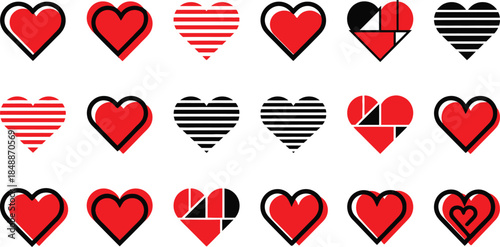 Aesthetic collection of diverse heart icons in red and black shades for design projects