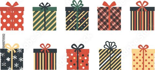 Ten festive gift boxes with various patterns and bows on a white background Keywords: gift box, present, package, christmas, birthday, celebration