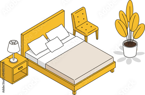 Isometric modern bedroom interior with wooden bed, chair, bedside table