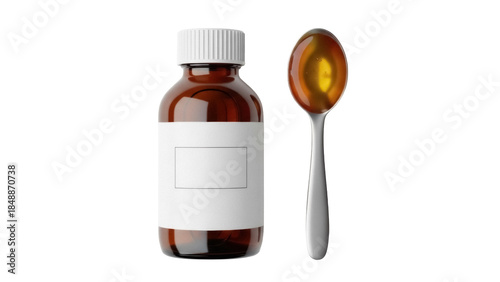 Bild auf Leinwand Amber medicine bottle with blank label and spoon of syrup isolated PNG, cough sy