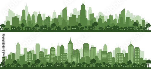 Two Green City Skylines with Silhouetted Buildings and Trees cityscape urban